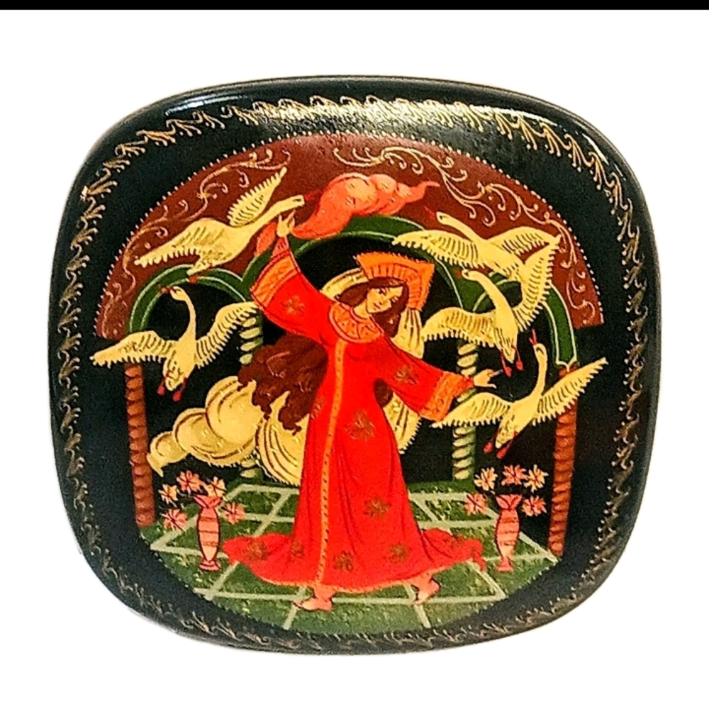Vintage Russian Palekh/Fedoskino Box, E.F.L. 1988, Hand-Painted Swan Scene